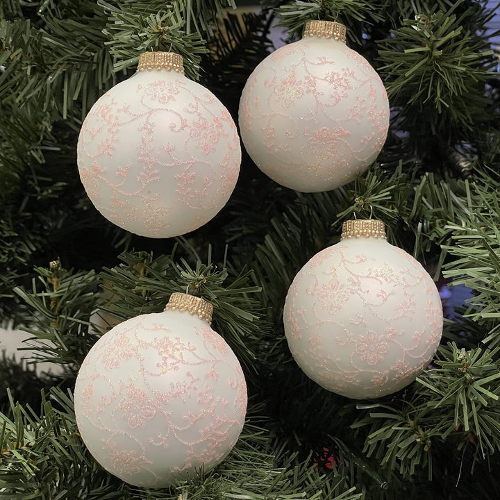 Glass Christmas Tree Ornaments - 67mm/2.63" [4 Pieces] Decorated Balls from Christmas by Krebs Seamless Hanging Holiday Decor (Classic White Velvet with Coral Glitterlace)
