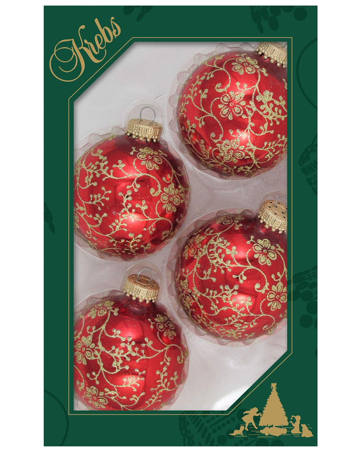 Glass Christmas Tree Ornaments - 67mm/2.63" [4 Pieces] Decorated Balls from Christmas by Krebs Seamless Hanging Holiday Decor (Christmas Red with Gold Floral Glitterlace)