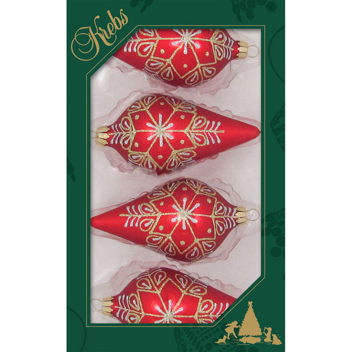 Glass Christmas Tree Ornaments - 67mm/2.63" [4 Pieces] Decorated Balls from Christmas by Krebs Seamless Hanging Holiday Decor (Red Velvet 4" Drops With Gold & Silver Snowflakes)