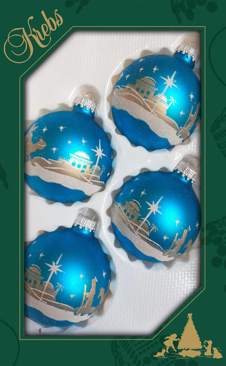 Glass Christmas Tree Ornaments - 67mm/2.63" [4 Pieces] Decorated Balls from Christmas by Krebs Seamless Hanging Holiday Decor (Turquoise Bliss Blue with Bethlehem Scene)