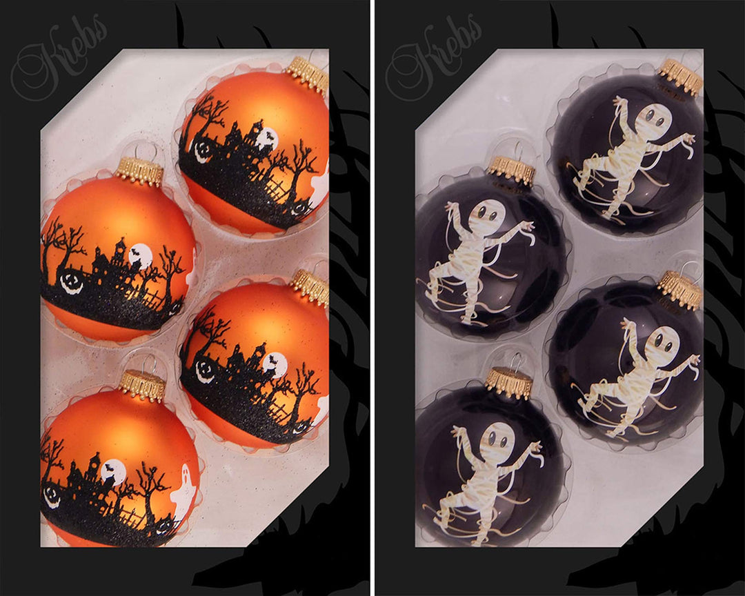 Halloween Tree Ornaments - 67mm/2.625" Decorated Glass Balls from Christmas by Krebs - Handmade Seamless Hanging Holiday Decorations for Trees - Set of 8