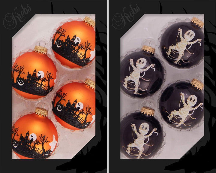 Halloween Tree Ornaments - 67mm/2.625" Decorated Glass Balls from Christmas by Krebs - Handmade Seamless Hanging Holiday Decorations for Trees - Set of 8