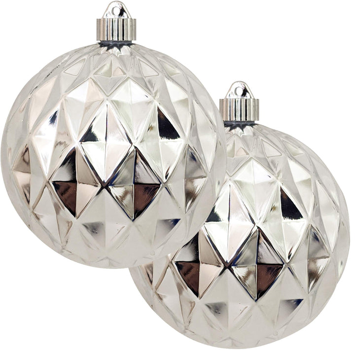 Christmas By Krebs 6" (150mm) Diamond Shiny Looking Glass Silver [2 Pieces] Solid Commercial Grade Indoor and Outdoor Shatterproof Plastic, UV and Water Resistant Ball Ornament Decorations