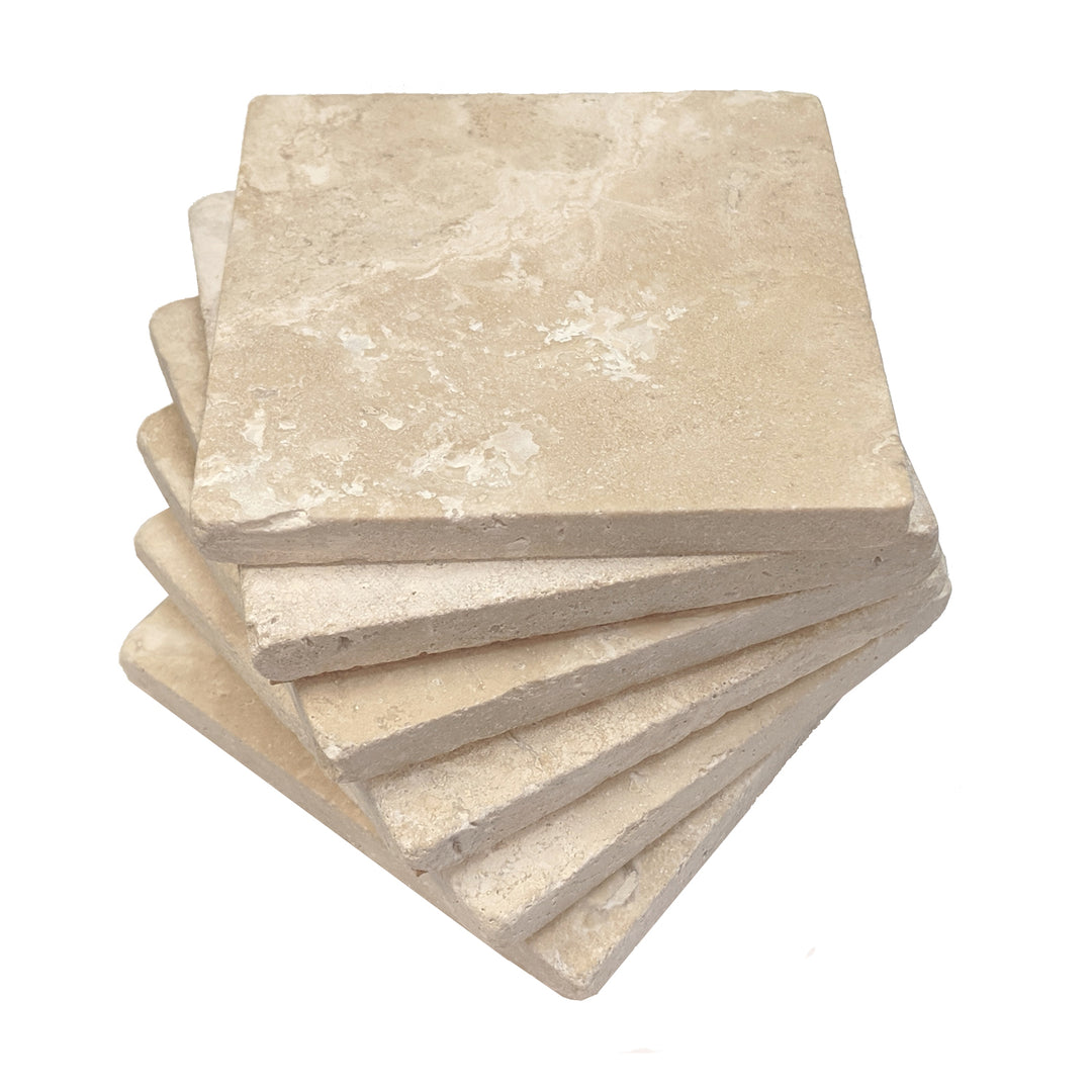 4" Square Premium Absorbent Natural Stone Ivory Travertine Drink Coasters, Set of 6