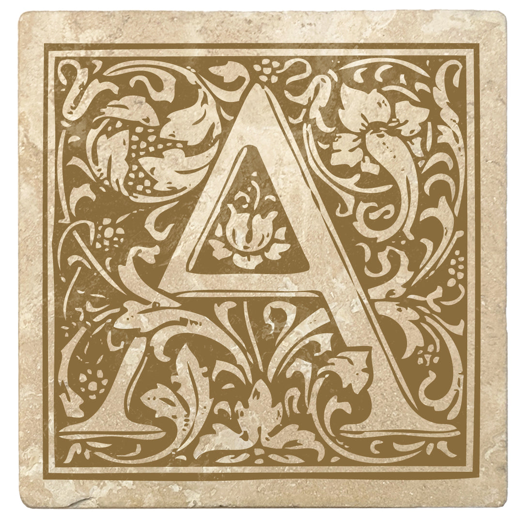 Harvest Gold Monogram Absorbent Stone 4" Square Drink Coasters, Set of 4