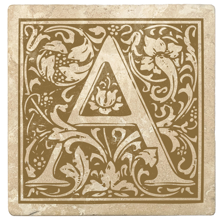 Harvest Gold Monogram Absorbent Stone 4" Square Drink Coasters, Set of 4