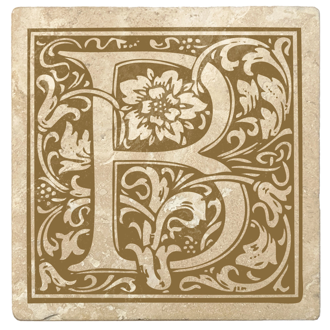 Harvest Gold Monogram Absorbent Stone 4" Square Drink Coasters, Set of 4