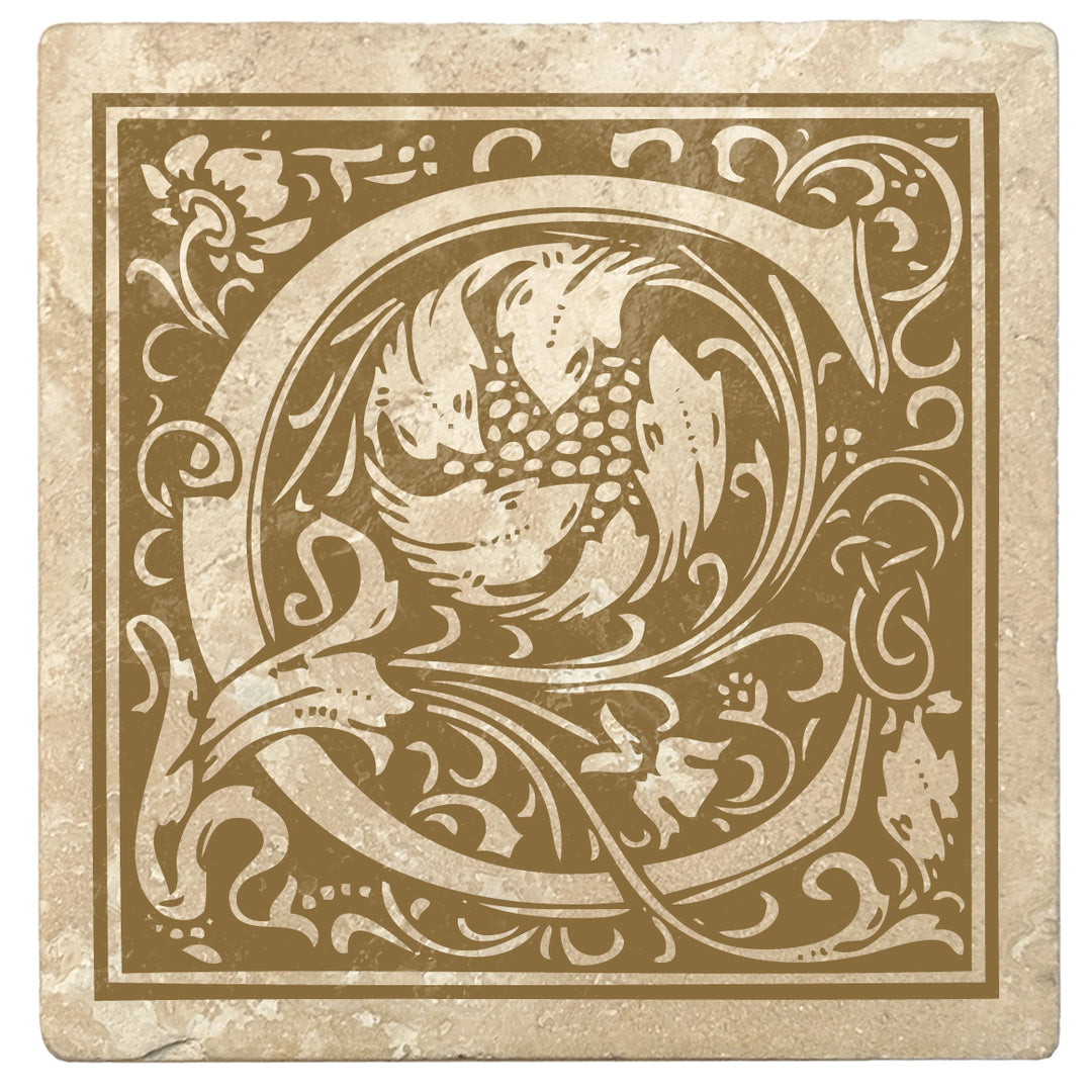Harvest Gold Monogram Absorbent Stone 4" Square Drink Coasters, Set of 4