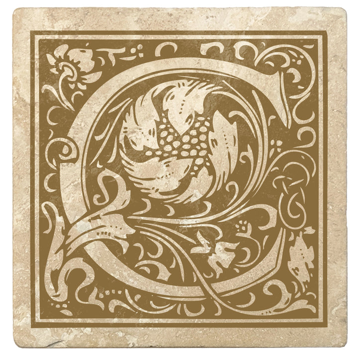 Harvest Gold Monogram Absorbent Stone 4" Square Drink Coasters, Set of 4