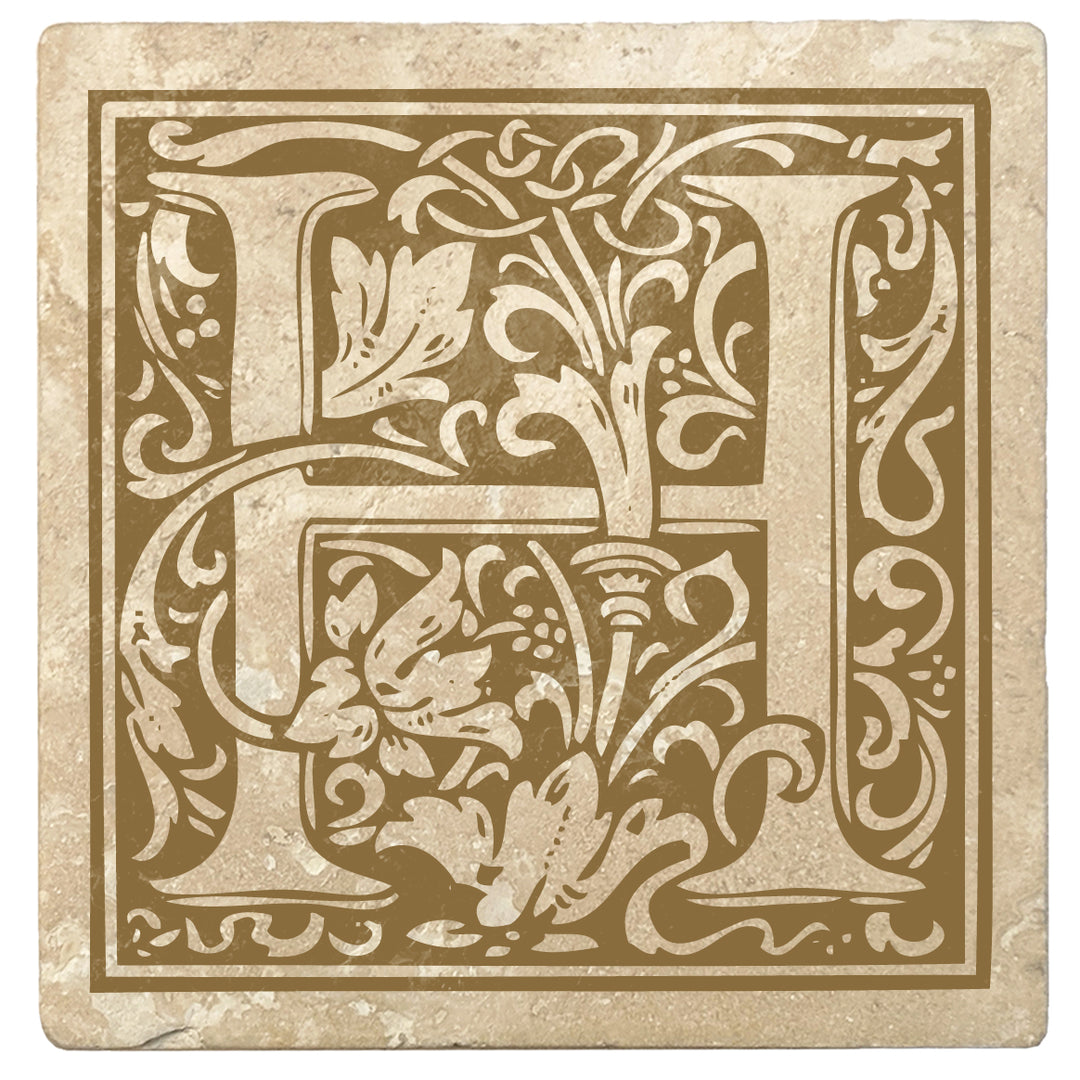Harvest Gold Monogram Absorbent Stone 4" Square Drink Coasters, Set of 4