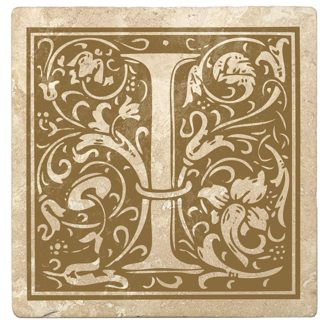 Harvest Gold Monogram Absorbent Stone 4" Square Drink Coasters, Set of 4