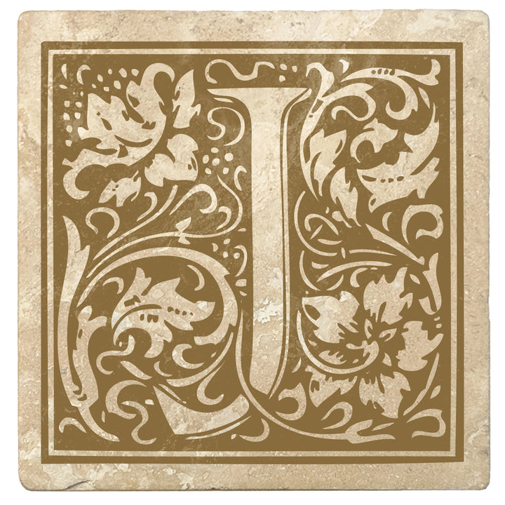 Harvest Gold Monogram Absorbent Stone 4" Square Drink Coasters, Set of 4