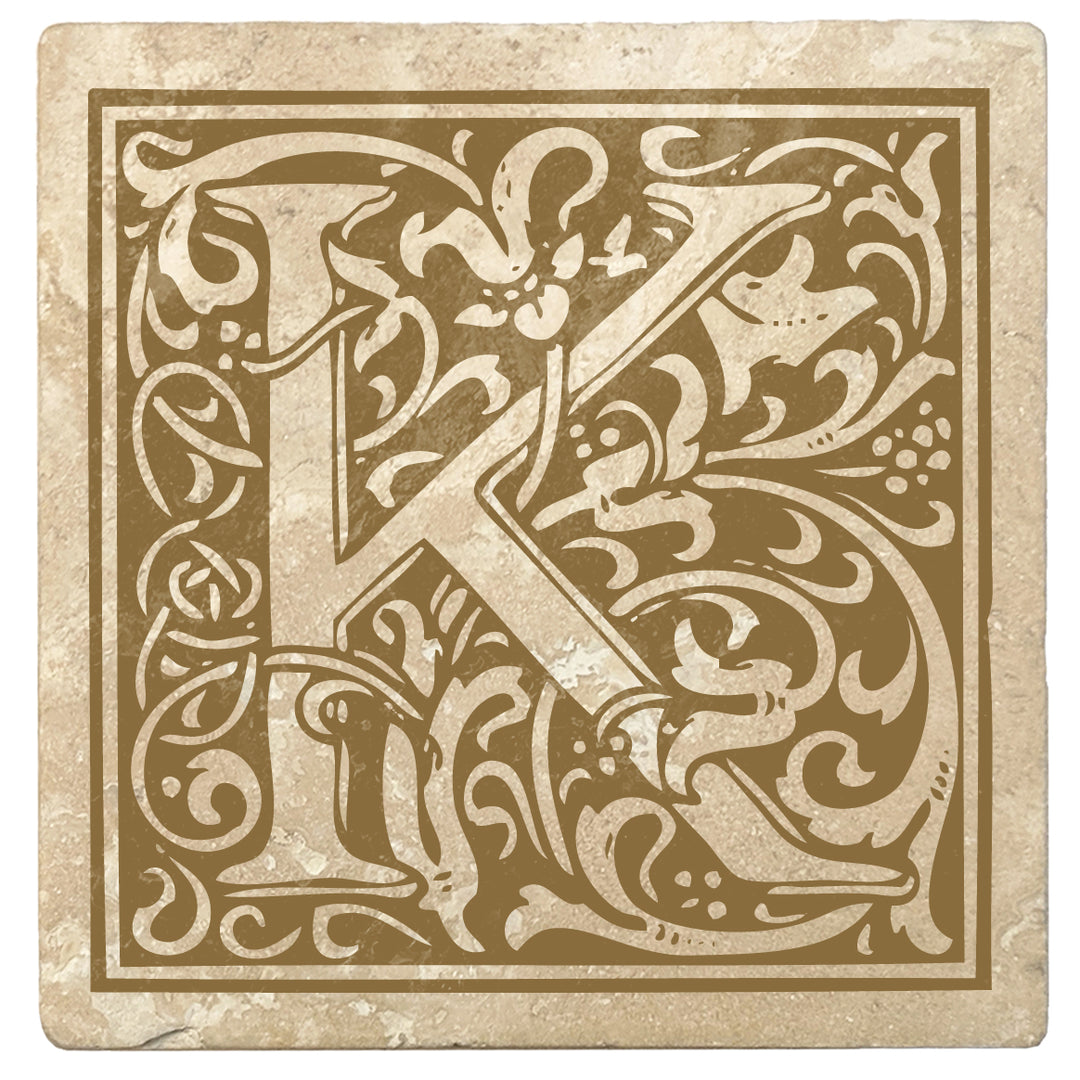 Harvest Gold Monogram Absorbent Stone 4" Square Drink Coasters, Set of 4