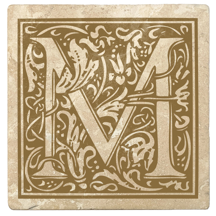 Harvest Gold Monogram Absorbent Stone 4" Square Drink Coasters, Set of 4