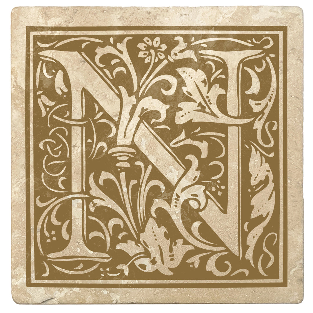 Harvest Gold Monogram Absorbent Stone 4" Square Drink Coasters, Set of 4
