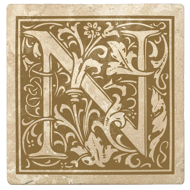 Harvest Gold Monogram Absorbent Stone 4" Square Drink Coasters, Set of 4