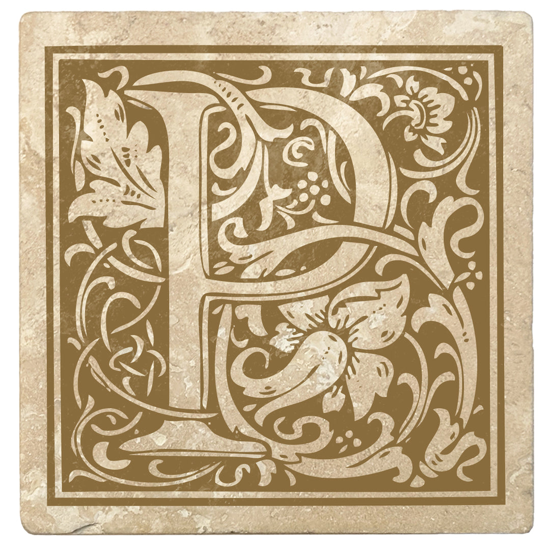 Harvest Gold Monogram Absorbent Stone 4" Square Drink Coasters, Set of 4
