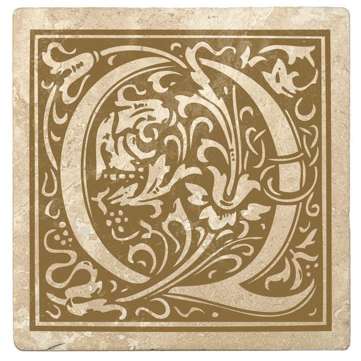 Harvest Gold Monogram Absorbent Stone 4" Square Drink Coasters, Set of 4