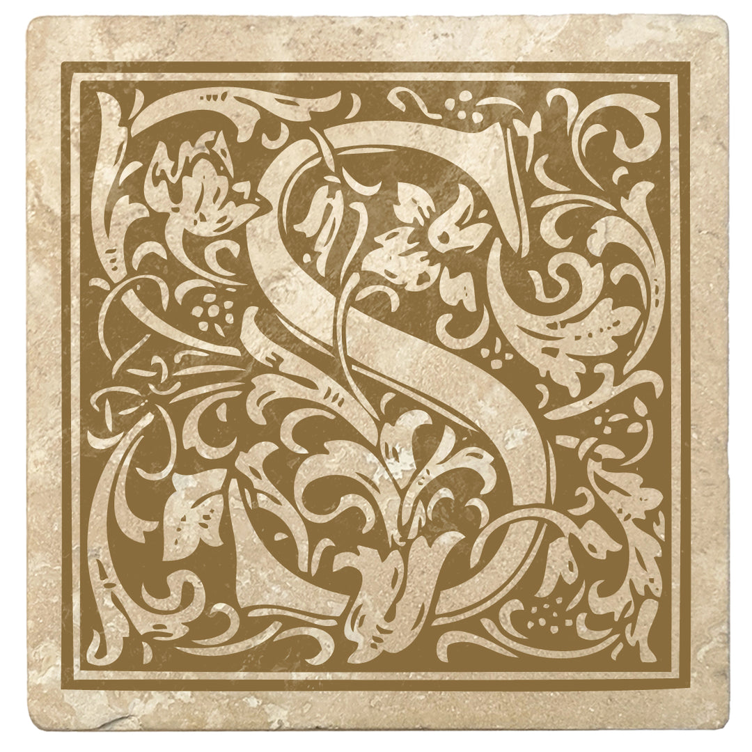 Harvest Gold Monogram Absorbent Stone 4" Square Drink Coasters, Set of 4