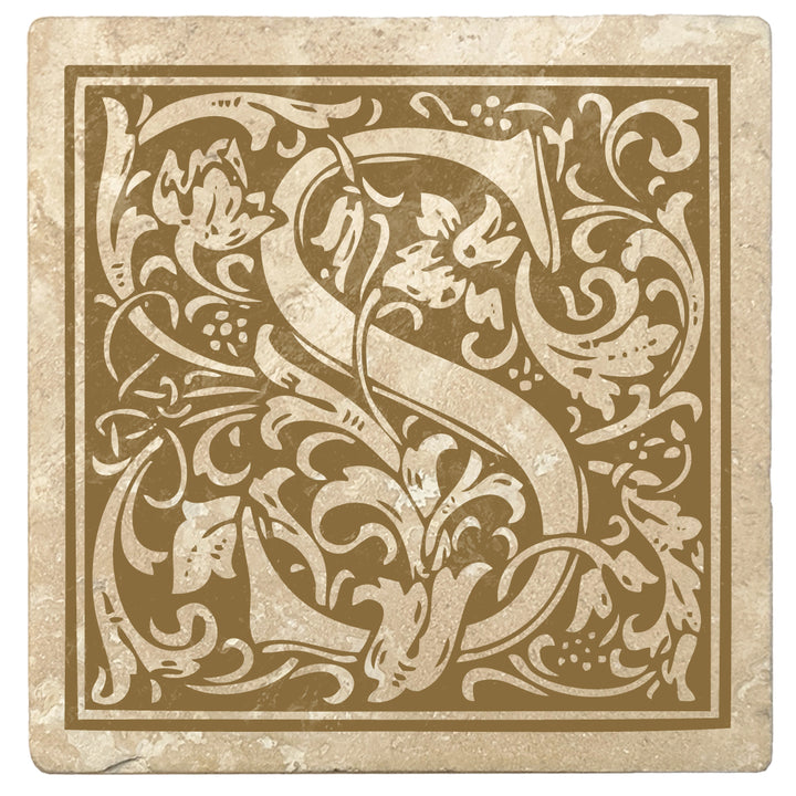 Harvest Gold Monogram Absorbent Stone 4" Square Drink Coasters, Set of 4