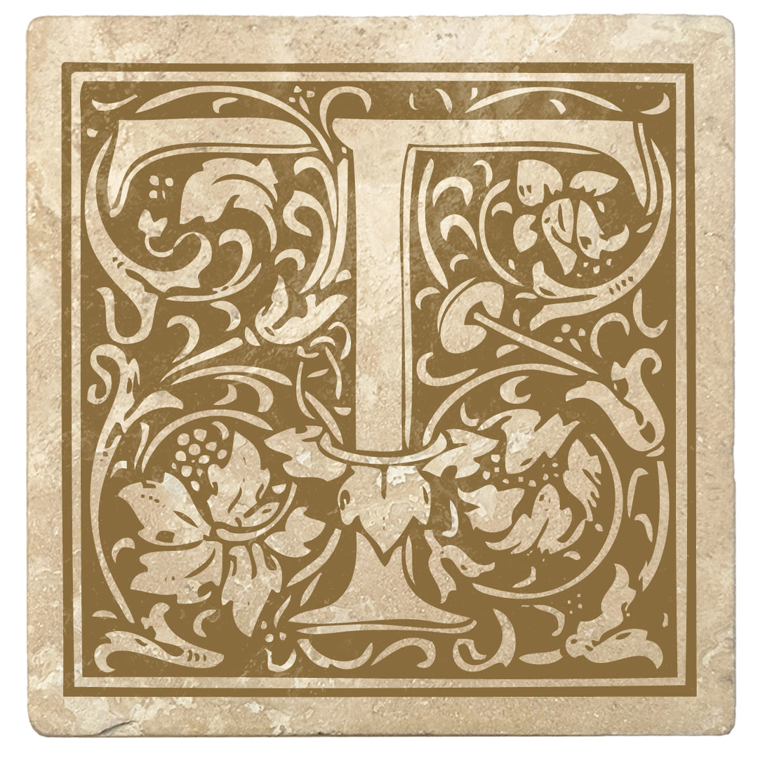 Harvest Gold Monogram Absorbent Stone 4" Square Drink Coasters, Set of 4