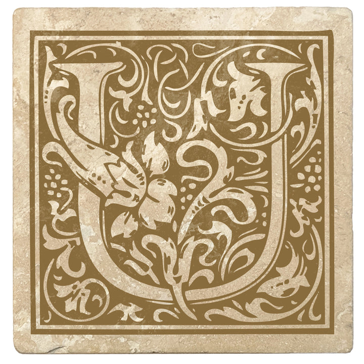 Harvest Gold Monogram Absorbent Stone 4" Square Drink Coasters, Set of 4