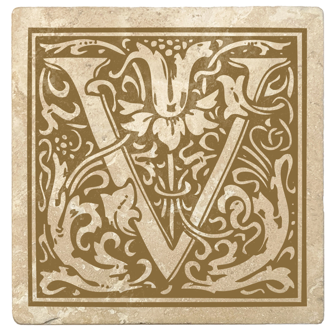 Harvest Gold Monogram Absorbent Stone 4" Square Drink Coasters, Set of 4