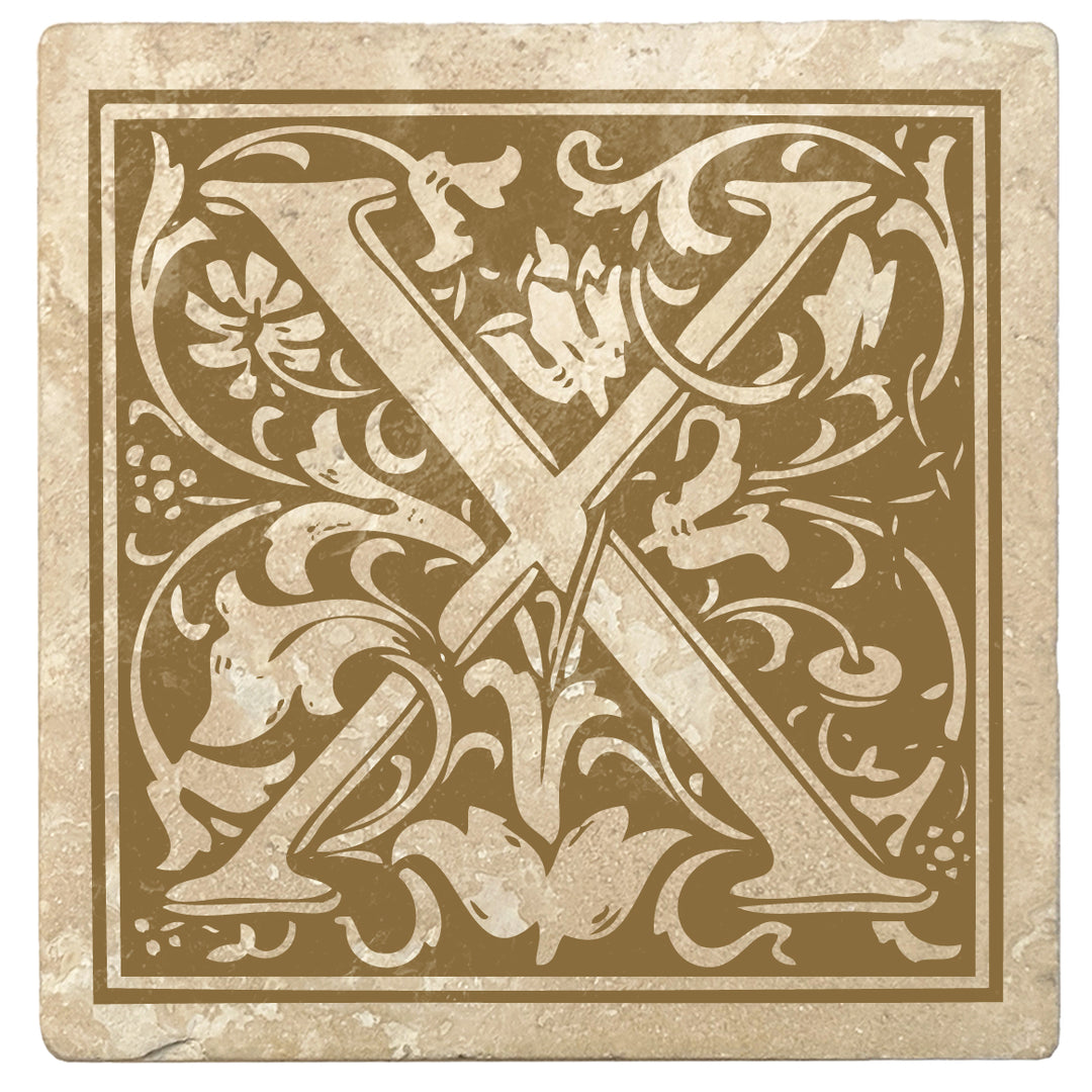 Harvest Gold Monogram Absorbent Stone 4" Square Drink Coasters, Set of 4