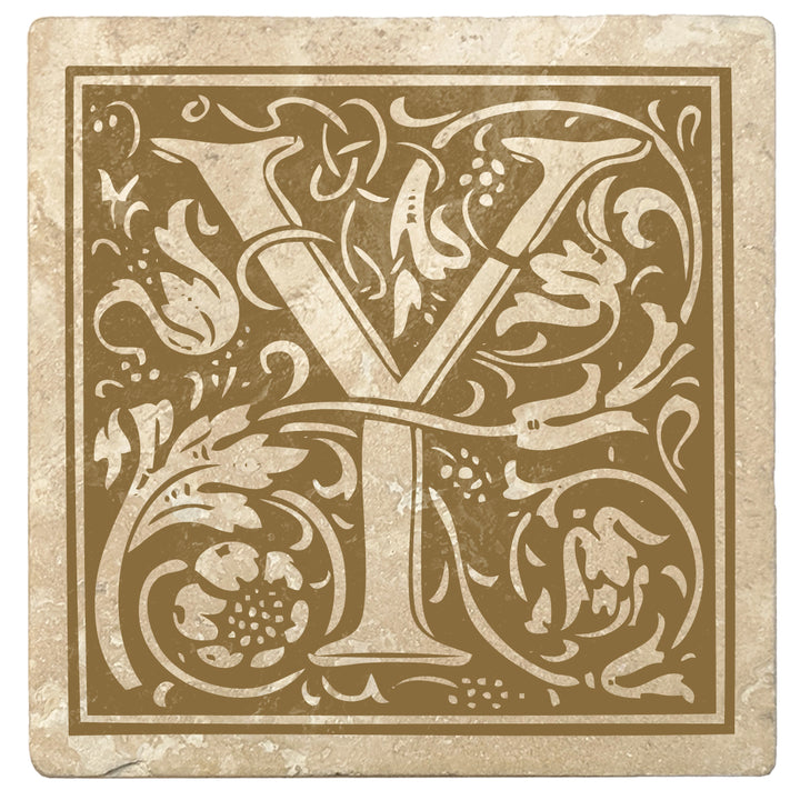 Harvest Gold Monogram Absorbent Stone 4" Square Drink Coasters, Set of 4
