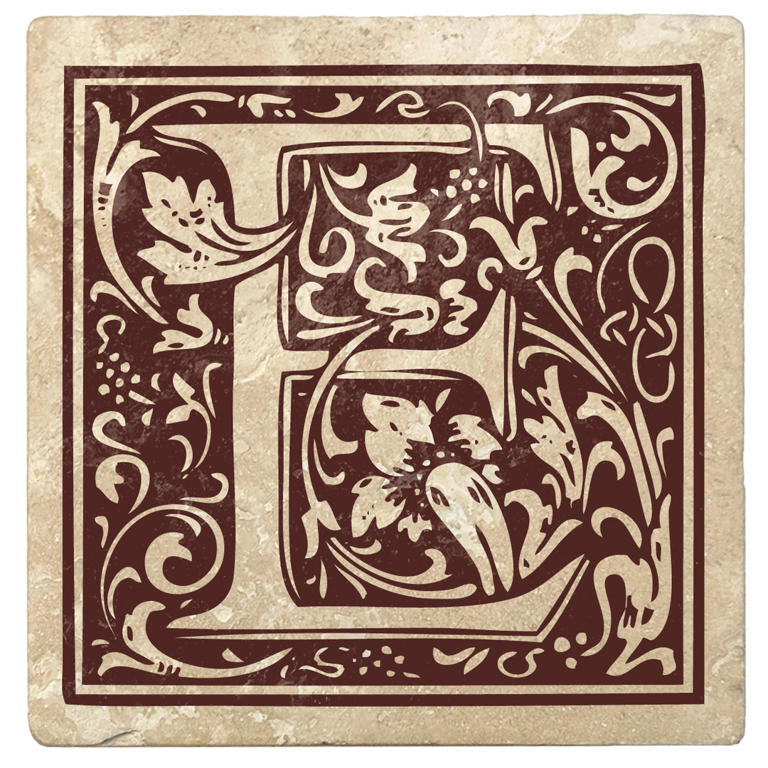 Hot Java Brown Monogram Absorbent Stone 4" Square Drink Coasters, Set of 4