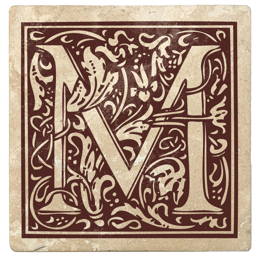 Hot Java Brown Monogram Absorbent Stone 4" Square Drink Coasters, Set of 4