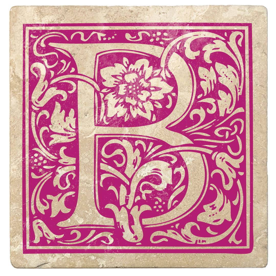 Tutti Frutti Pink Monogram Absorbent Stone 4" Square Drink Coasters, Set of 4