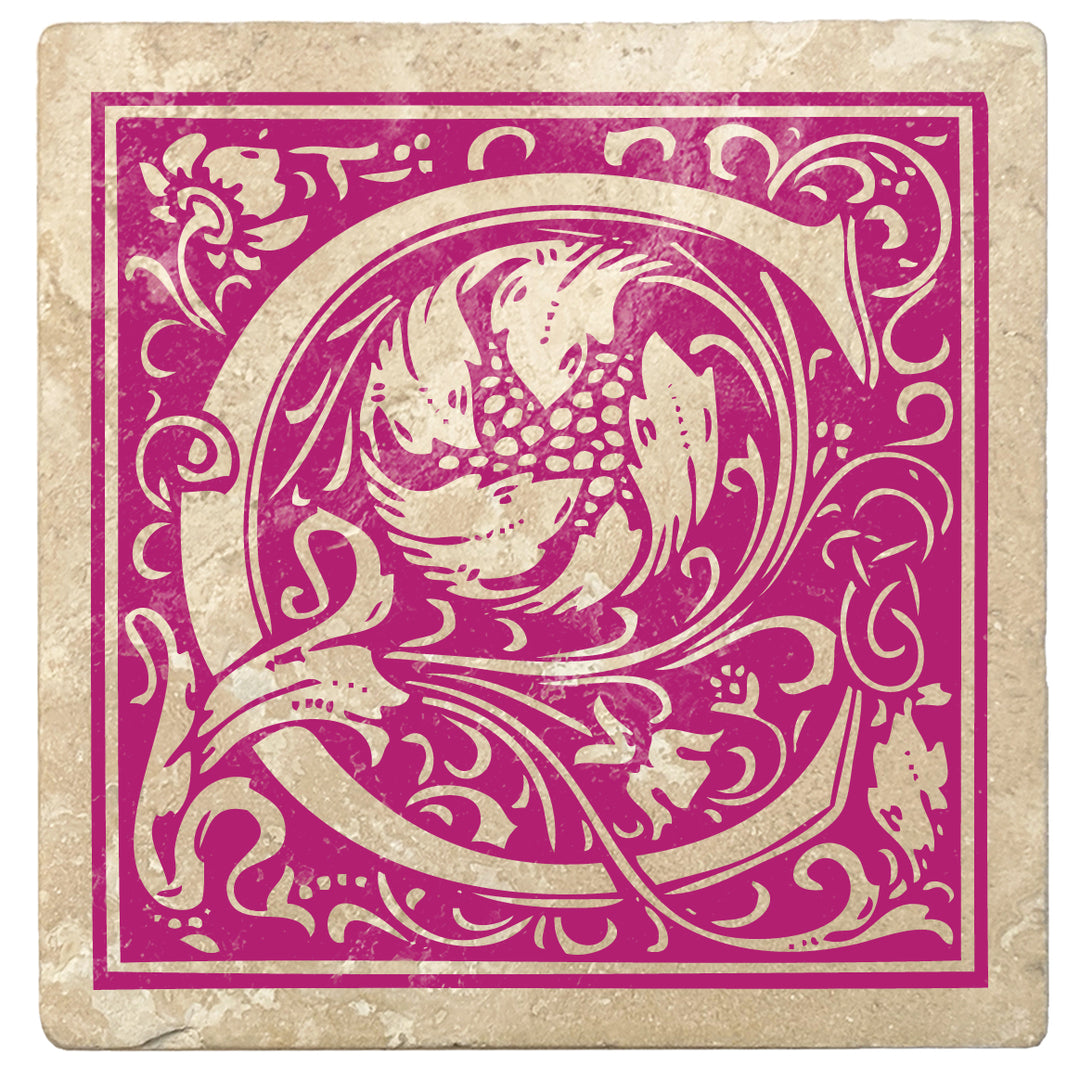 Tutti Frutti Pink Monogram Absorbent Stone 4" Square Drink Coasters, Set of 4