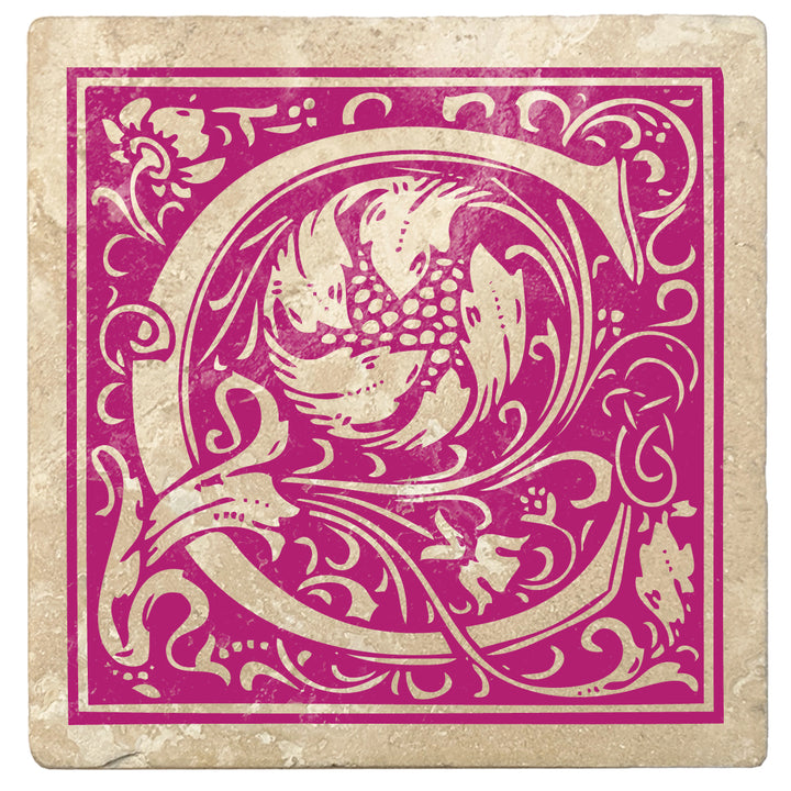 Tutti Frutti Pink Monogram Absorbent Stone 4" Square Drink Coasters, Set of 4