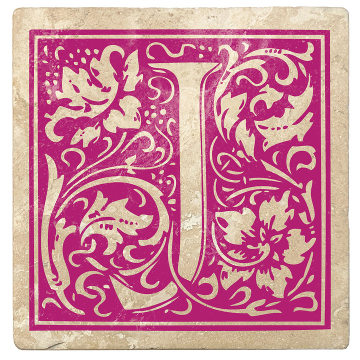 Tutti Frutti Pink Monogram Absorbent Stone 4" Square Drink Coasters, Set of 4