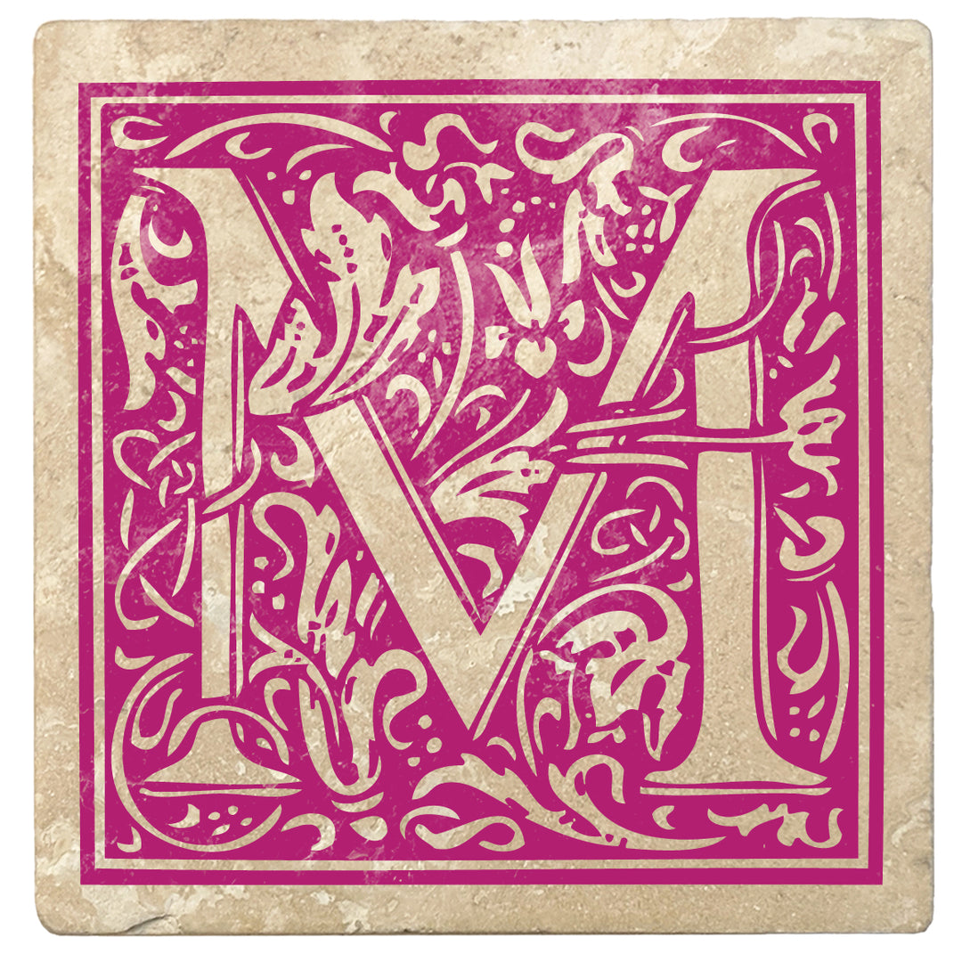 Tutti Frutti Pink Monogram Absorbent Stone 4" Square Drink Coasters, Set of 4