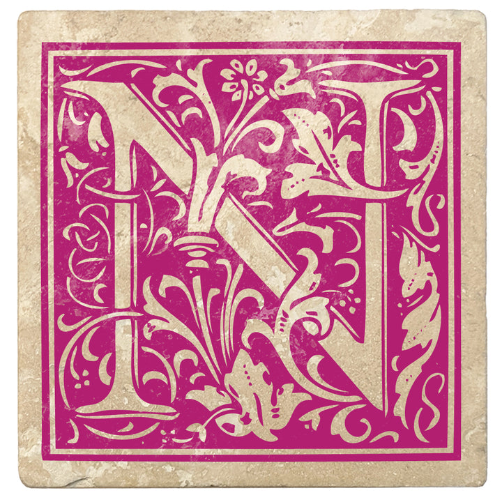 Tutti Frutti Pink Monogram Absorbent Stone 4" Square Drink Coasters, Set of 4