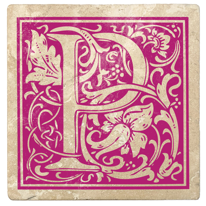 Tutti Frutti Pink Monogram Absorbent Stone 4" Square Drink Coasters, Set of 4