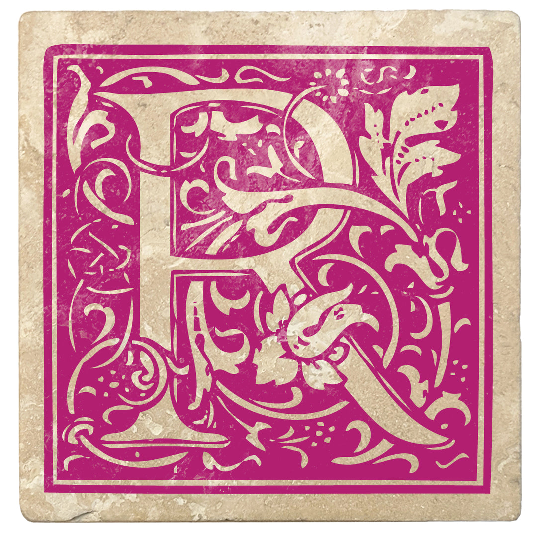 Tutti Frutti Pink Monogram Absorbent Stone 4" Square Drink Coasters, Set of 4