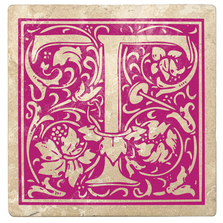 Tutti Frutti Pink Monogram Absorbent Stone 4" Square Drink Coasters, Set of 4