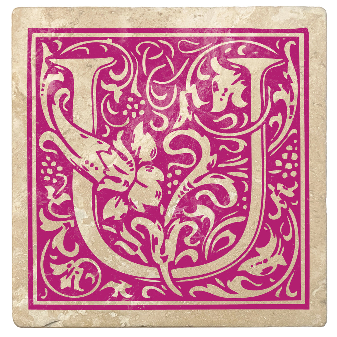 Tutti Frutti Pink Monogram Absorbent Stone 4" Square Drink Coasters, Set of 4