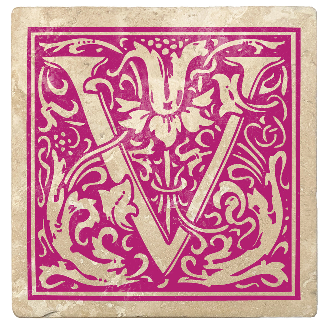 Tutti Frutti Pink Monogram Absorbent Stone 4" Square Drink Coasters, Set of 4