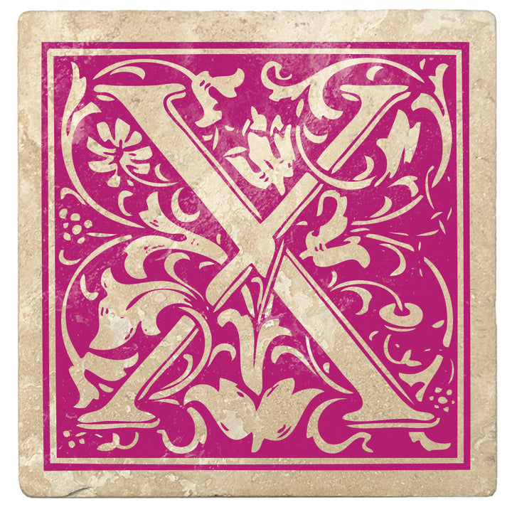 Tutti Frutti Pink Monogram Absorbent Stone 4" Square Drink Coasters, Set of 4
