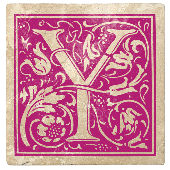 Tutti Frutti Pink Monogram Absorbent Stone 4" Square Drink Coasters, Set of 4