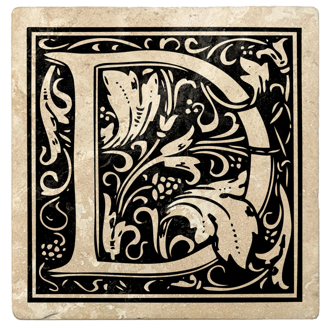Onyx Black Monogram Absorbent Stone 4" Square Drink Coasters, Set of 4