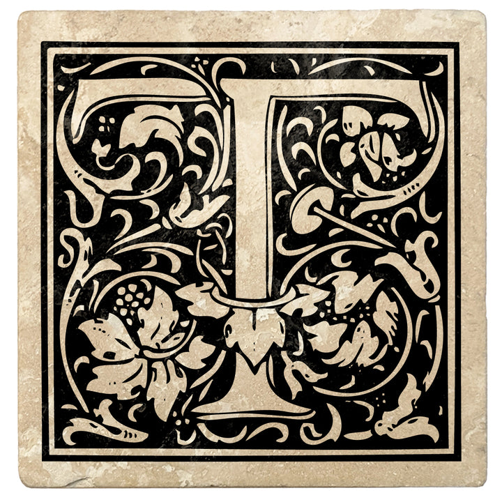 Onyx Black Monogram Absorbent Stone 4" Square Drink Coasters, Set of 4