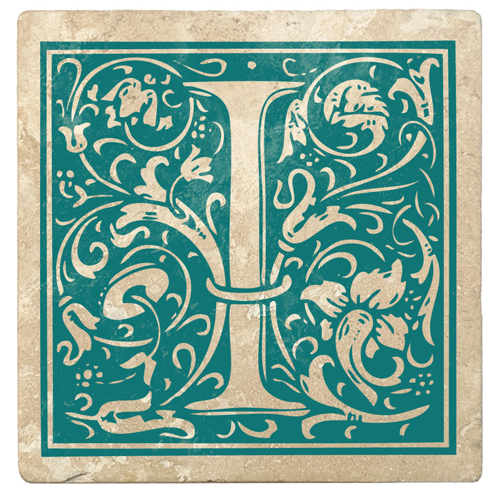 Tropical Teal Monogram Absorbent Stone 4" Square Drink Coasters, Set of 4