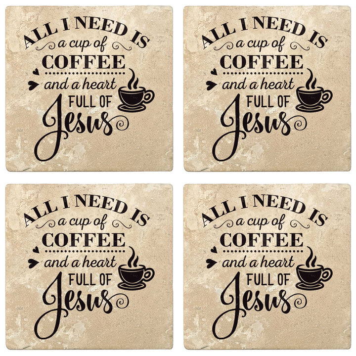 Set of 4 Absorbent Stone 4" Religious Drink Coasters, Cup Of Coffee And A Heart Full Of Jesus