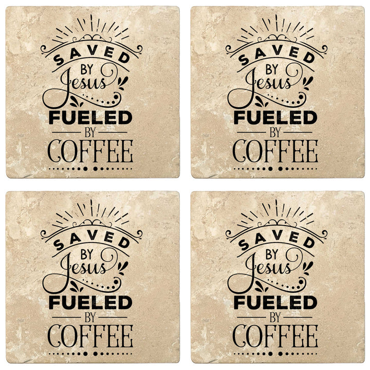 Set of 4 Absorbent Stone 4" Religious Drink Coasters, Saved By Jesus, Fueled By Coffee