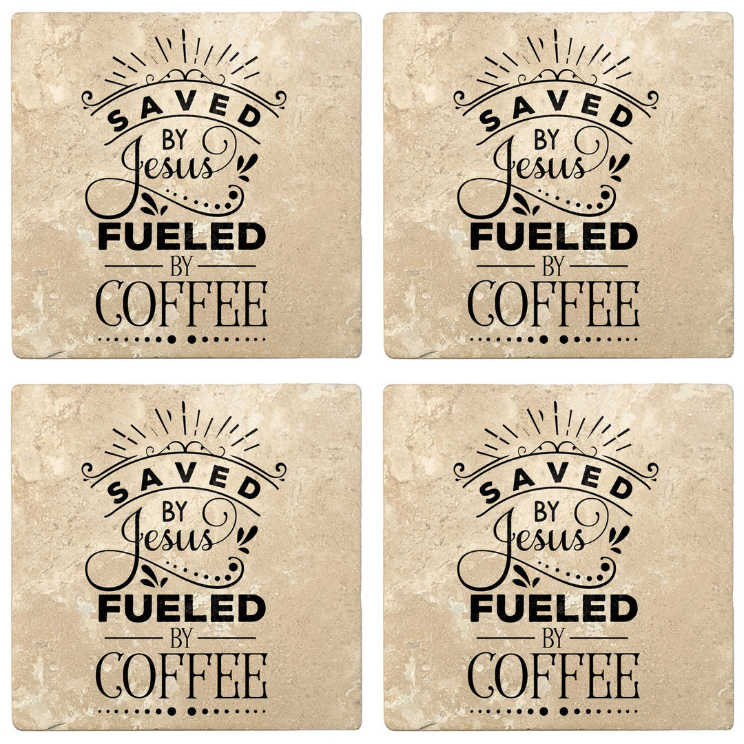 Set of 4 Absorbent Stone 4" Religious Drink Coasters, Saved By Jesus, Fueled By Coffee